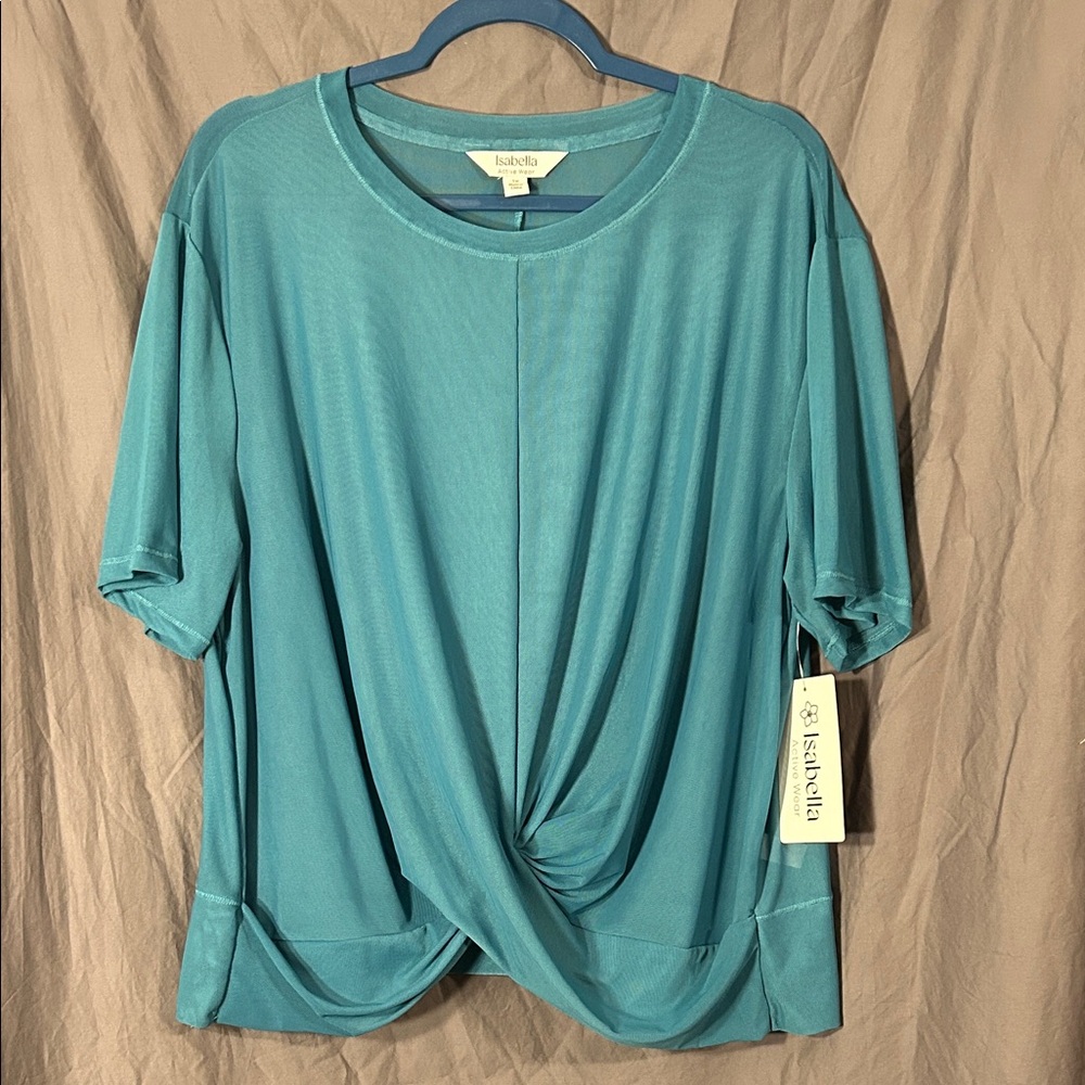 Isabella Active Wear Athletic Mesh Sheer Aqua Short Sleeve Twist Top
